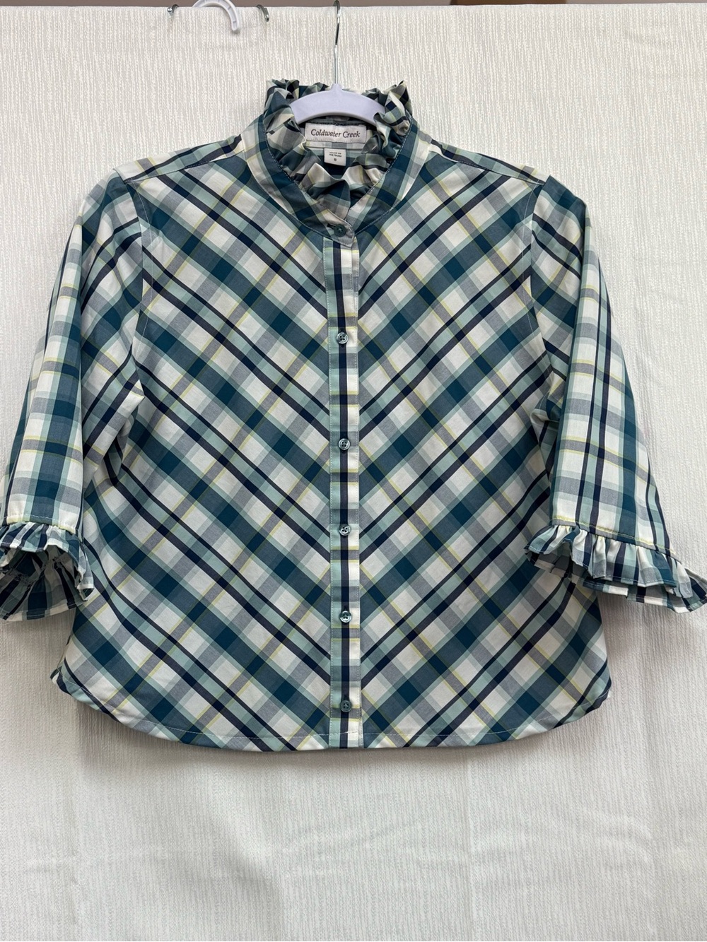 Teal Plaid Ruffle-Neck Button Down Shirt